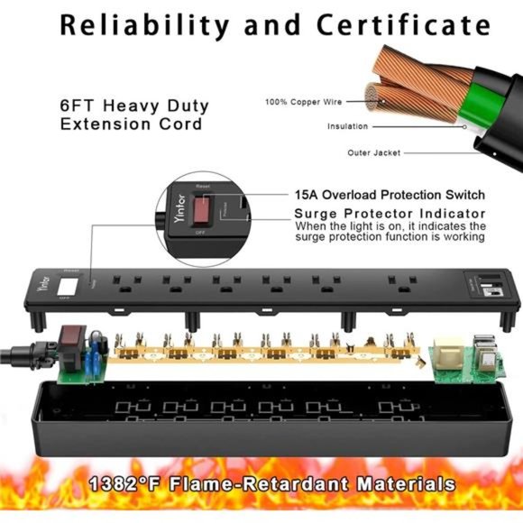 6Ft Power Strip Surge Protector - Extension Cord with 6 AC Outlets, (Black) - Picture 6 of 7